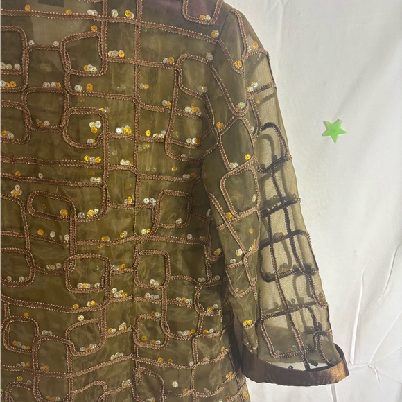 90’s VTG Satin Sequin Semi Sheer Textured Brown Gold Women’s Button Down Size M - Picture 12 of 14